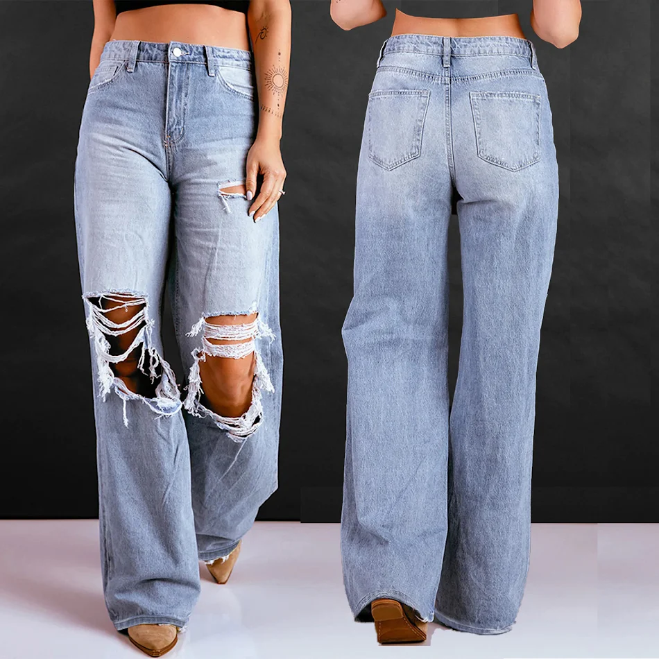 Pantalones rectos de cintura alta, sueltos y lavados, perfectos para un look cómodo y moderno. Disfruta de libertad y estilo.
