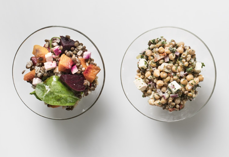 From left: Lentil salad with butternut, beetroot  Lentil & chickpea salad from SPAR Freshline.