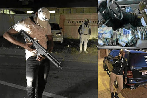 Arrested crime suspect Samuel Maluleka is seen in some of the pictures he posted on Twitter, posing with an assault rifle and bundles of cash.