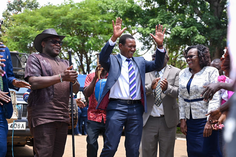 Bungoma Governor Ken Lusaka and Tourism and Wildlife CS Alfred Mutua in Bungoma on March 27, 2024.