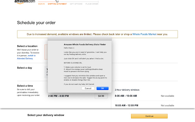 Amazon Whole Foods Delivery Slots Finder chrome extension