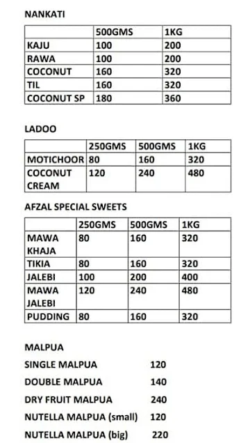 Afzal Sweets Corner menu 