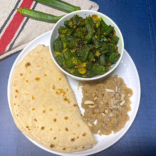 Roti With Bhindi Bhujiya & Halwa