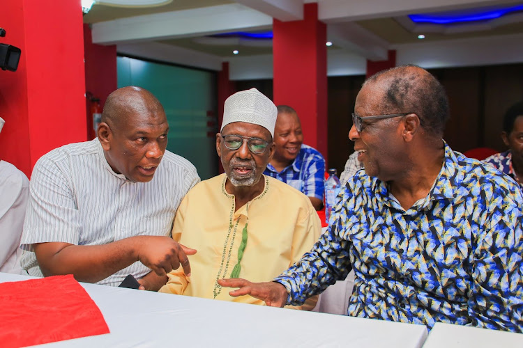 Former Mombasa nominated councillor Abdulkarim Abdulrahman, former Mombasa mayor Rajab Sumba and former Nairobi Mayor Nathan Kahara at a hotel in Mombasa on Tuesday.