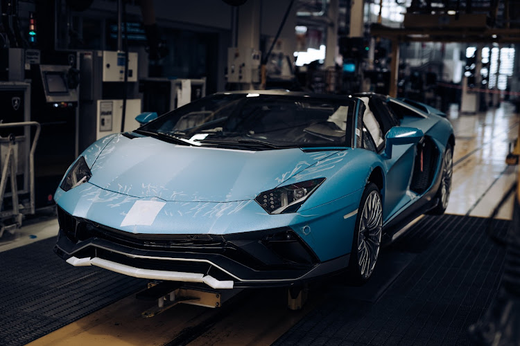 This blue Aventador is the last naturally aspirated V12 Lamborghini to be produced in the Italian firm's Sant’Agata factory. Picture: SUPPLIED