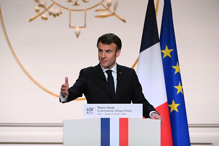 French President Emmanuel Macron gives a speech to ouline France's revamped strategy for Africa ahead of his visit in Central Africa, in Paris, France, February 27 2023. Picture: STEFANO RELLANDINI/REUTERS