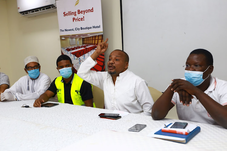 Muhuri's Khelef Khalifa, Haki Africa's Hussein Khalid, Fast Action's Salim Karama and KTA's Dennis Omboka at Pride Inn Hotel in Mombasa on May 23