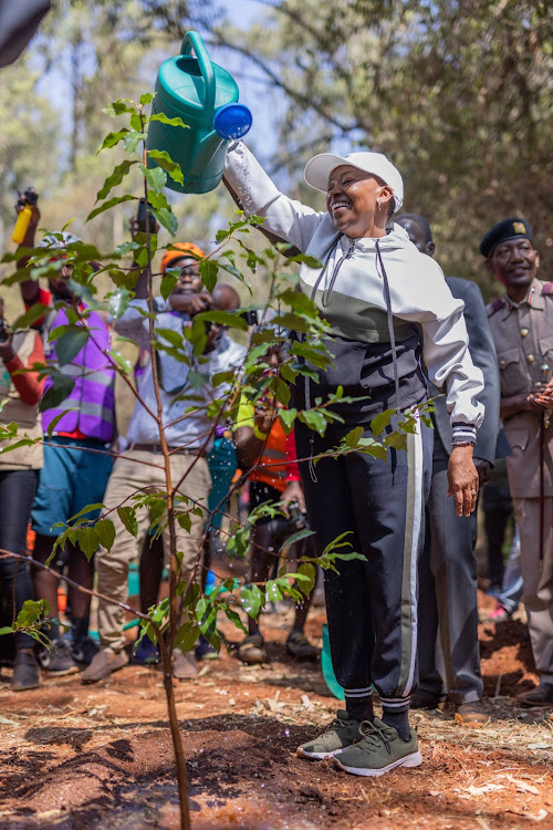 First Lady Rachael Ruto planting a tree during the flagging off of the Mama Cycling Awareness Ride 2023 on March 7.