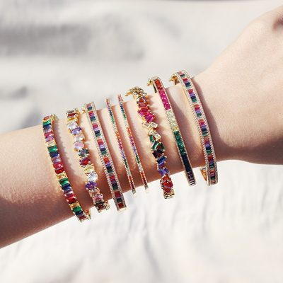 Title 4, 14K Gold Color Zircon Rainbow Bracelet with Ope...