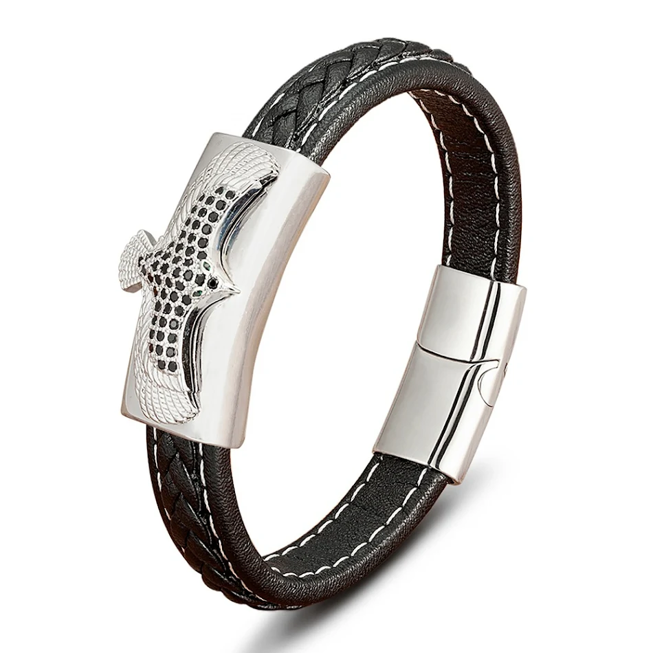 Roestvrijstalen gevlochten leren armband met vintage adelaarschedel, een robuust en stijlvol accessoire voor mannen die houden van een stoere uitstraling.