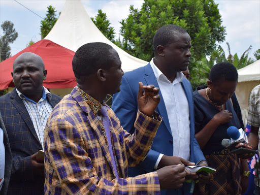 Nyambene MCAs spokesperson David Kaithia at a press briefing at Gatimene Hotel on Tuesday October 9,2018 during a press briefing. About 10 MCAs from the Miraa growing region held a press briefing and expressed their anger in CS Mwangi Kiunjuri remarks that Sh.2 billion given by government to cushion Miraa farmers be used to buy avacado and Macadamia seedlings.