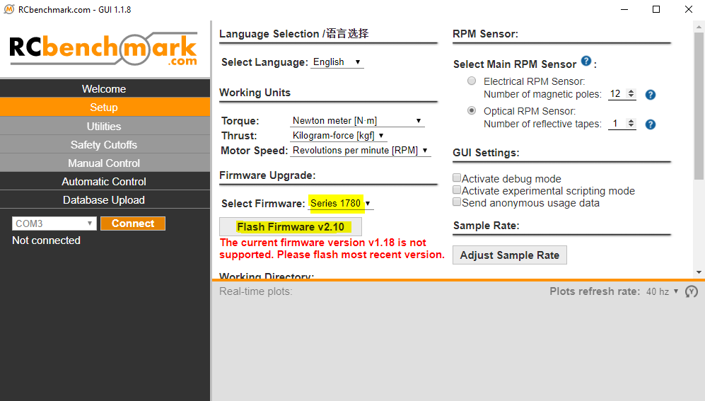 Flash firmware RCbenchmark software