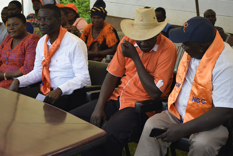 Kasipul ODM woman leader Mary Gaya, MP Ongondo Were, the party chairman Evans Ndege and coordinator Tom Okongo in Oyugis town on April 22,2023