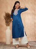 Floral Navy Blue Straight Embellished Kurta Set