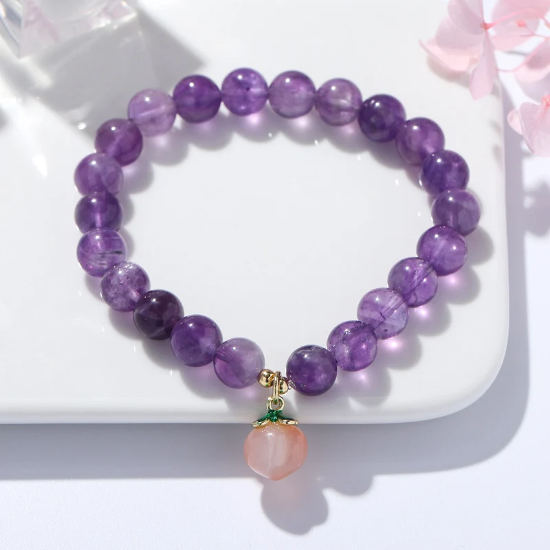 Natuurlijke Amethist Armband met Aardbeikwarts en Perzik Hart Hanger voor rust, liefde en een stijlvolle uitstraling.