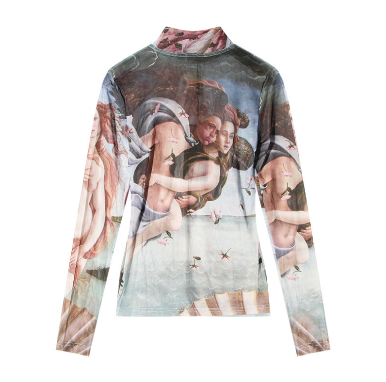 Wildes, sexy Tattoo-T-Shirt mit Ölgemälde-Design, hohem Kragen und Slim-Fit. Halbe Perspektive für einen einzigartigen Look. Ideal für Damen.