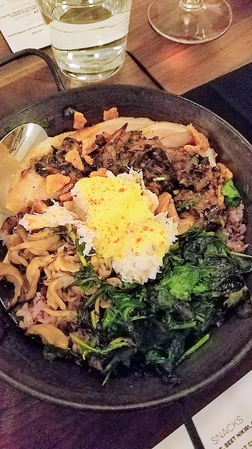 Chefs Week PDX 2017 Heritage Dinner at Chesa on May 7, Peter Cho (Han Oak) created a dish of Roasted Pork and Dungeness Crab Dolsot Bibimbap, Charred Calcot, Spinach, Pickled Daikon