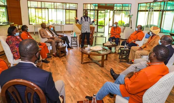 ODM leader Raila Odinga speaks during a meeting with Kikuyu elders and politicians at his Karen home