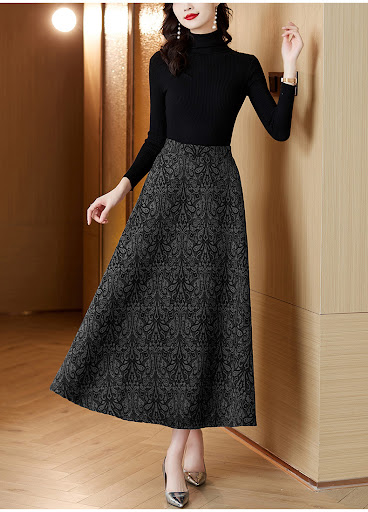Title 12, Woolen Jacquard High Waist Swing Dress Thickene...