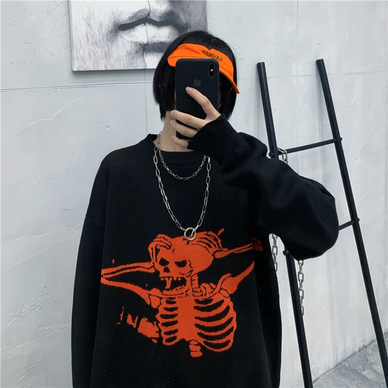 Suéter de tricô jacquard com cabeça craniana Qiu Dong Harajuku Person