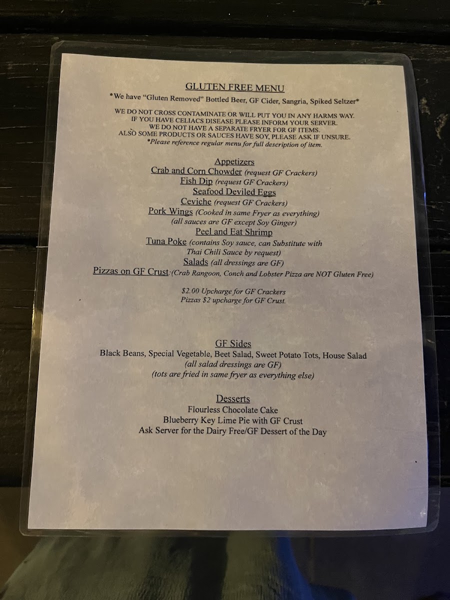 "Off The Hook" Grill gluten-free menu