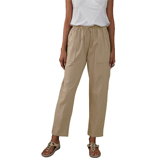 Title 2, Solid Color Big Pockets Elastic Waist Cotton Li...