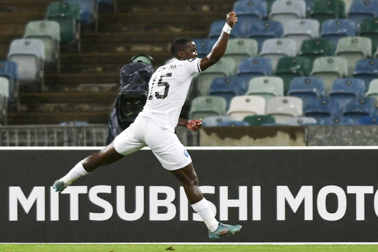 Sakhile Hlongwa of Richards Bay celebrates scoring during the DStv Premiership match between AmaZulu FC and Richards Bay at Moses Mabhida Stadium.