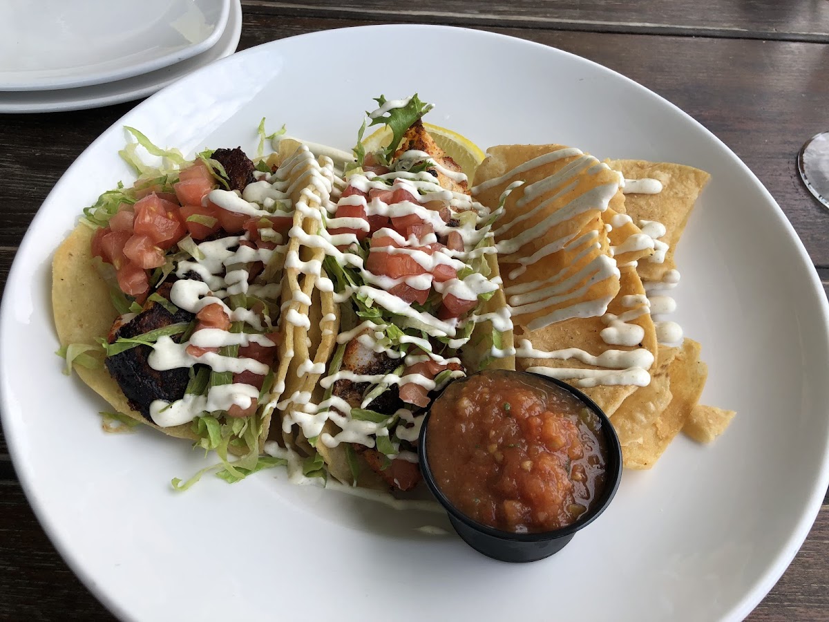 Fish tacos (corn tortillas) with home made chips!