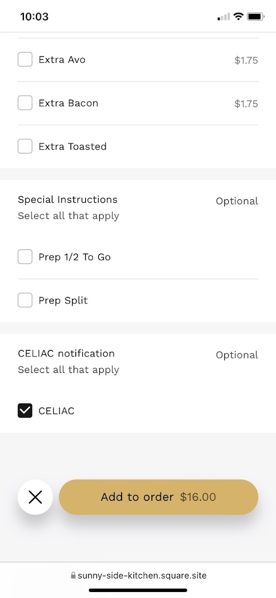 "Celiac" option when ordering online