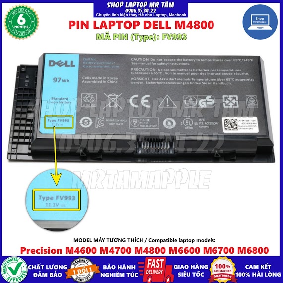 Pin Laptop Dell Precision M4800 (Fv993) 97Wh (Zin) - 9 Cell Dành Cho Precision M4600 M4700 M4800 M6600 M6700 M6800 Pg6Rc