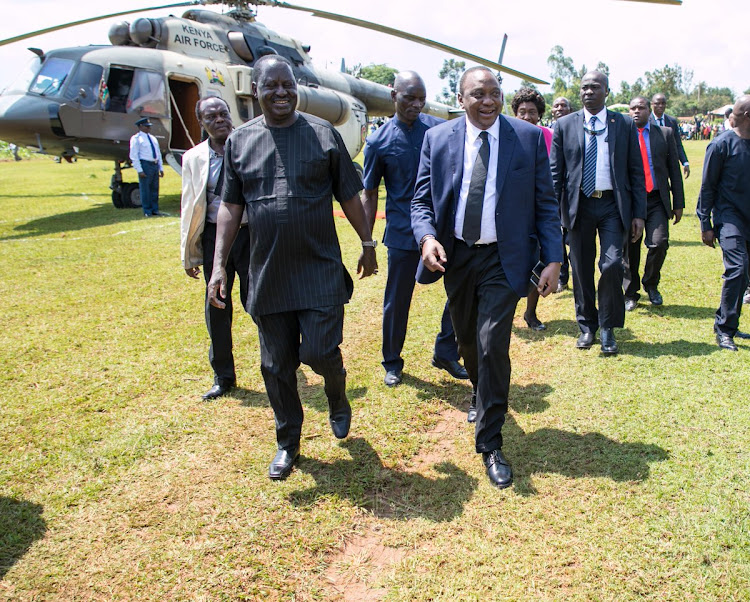 President Uhuru Kenyatta and ODM leader Raila Odinga arrive at Ratta in Kisumu County for the funeral service of the late mama Dorka Owino Nyong’o, mother of Governor Prof Peter Anyang’ Nyong’o of Kisumu County on June 14, 2019.