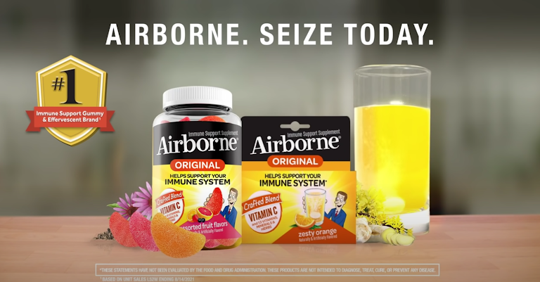 Airborne immune support supplement in gummies and tea form.