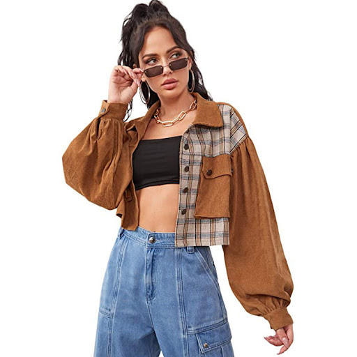 Title 4, Womens Fashion Stitching Plaid Flip Corduroy J...