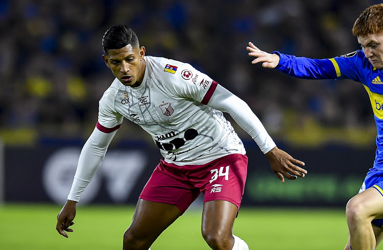 Kaizer Chiefs' new midfield signing Edson Castillo turns out for previous club Monagas of Venezeula, competing for the ball with Valentin Barco of Boca Juniors of Argentina in a Copa Libertadores match at Estadio Alberto J Armando in Buenos Aires, Argentina on June 29 2023.