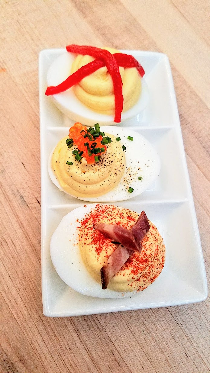 Deviled Eggs three ways with bacon, piquillo, and trout roe at Radar Restaurant on North Mississippi, Portland