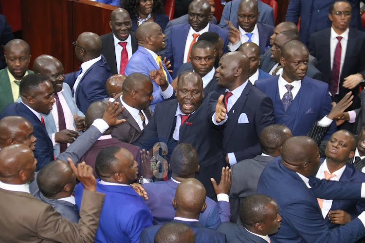 Kenya Kwanza and Azimio la Umoja allied MCAs in a confrontation at the Nairobi County Assembly on September 29, 2022.