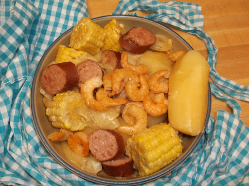 Slow-cooker shrimp boil in a bowl.