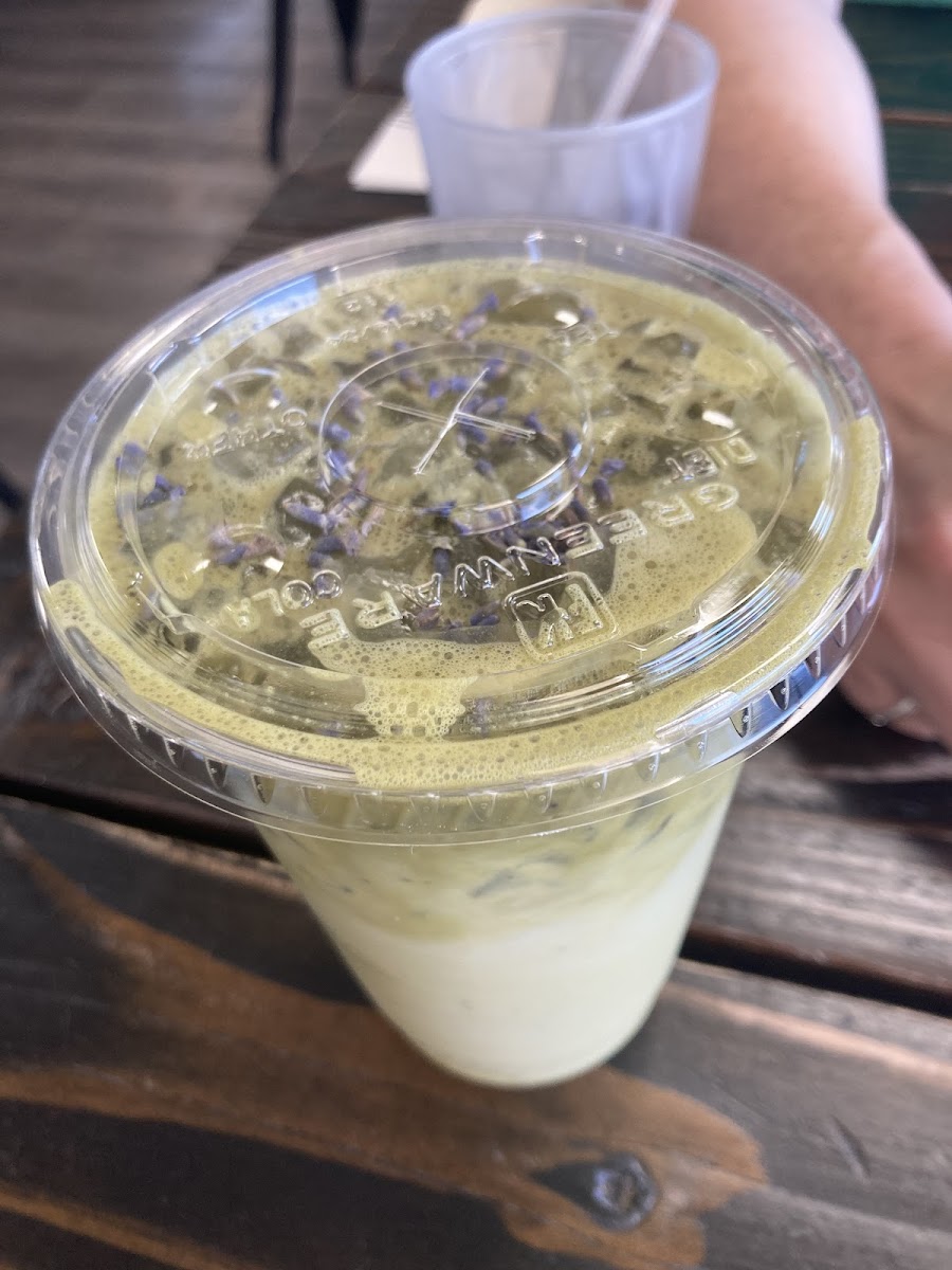 Lavender matcha latte with oat milk