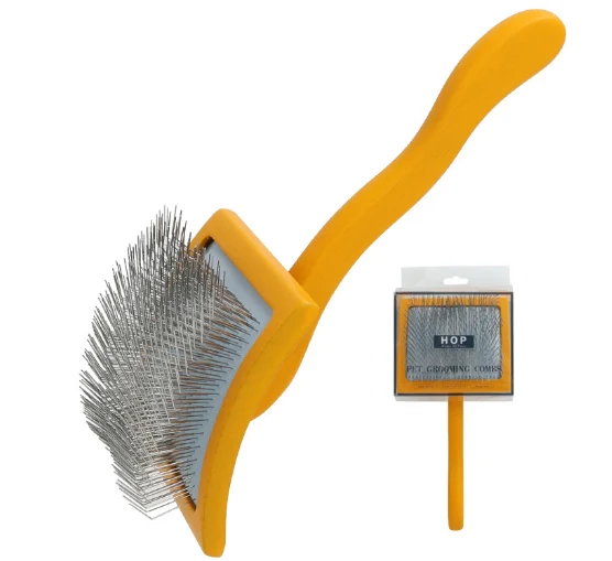 Cepillo para mascotas de madera maciza con pintura efecto goma, peine, nudo lateral, cuchillo y aguja de airbag para un cuidado suave.