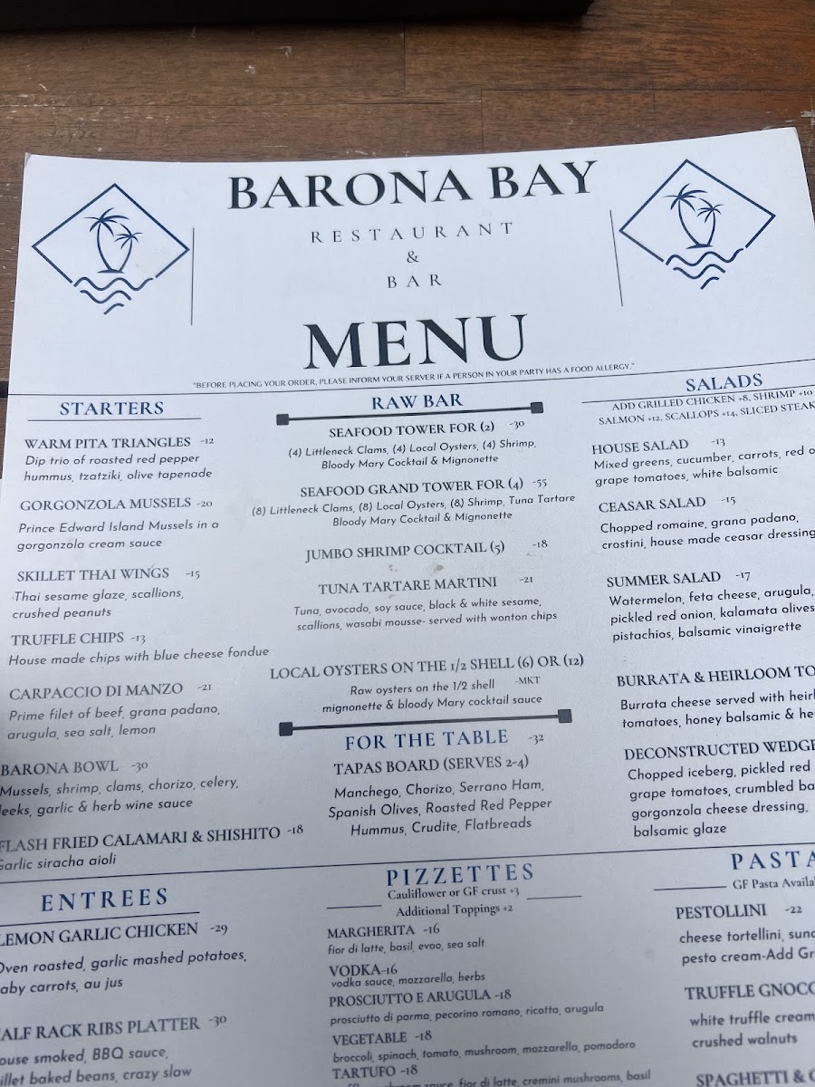 Barona Bay Restaurant & Bar gluten-free menu