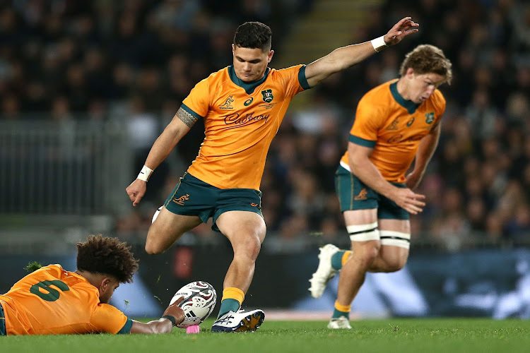 Noah Lolesio of the Wallabies kicks the ball during the Rugby Championship and Bledisloe Cup match against the New Zealand All Blacks at Eden Park on August 7, 2021 in Auckland.