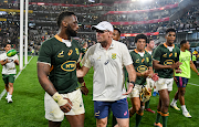 Springbok coaches Siya Kolisi and coach Jacques Nienaber leave the field after the Rugby Championship match against Argentina at Kings Park in Durban on September 24 2022. 