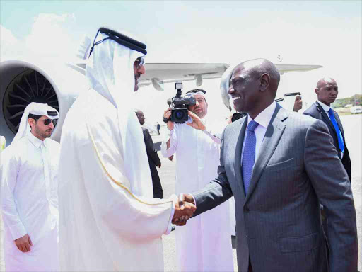 Deputy President William Ruto receives the Emir of Qatar, His Highness Sheikh Tamin Bin Hamad Al Thani, at the JKIA in Nairobi, April 11, 2017. /PSCU