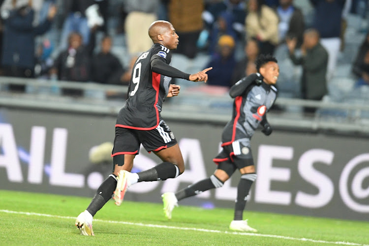 Zakhele Lepasa celebrates scoring for Orlando Pirates in their DStv Premiership match against Cape Town City at Orlando Stadium on Tuesday .