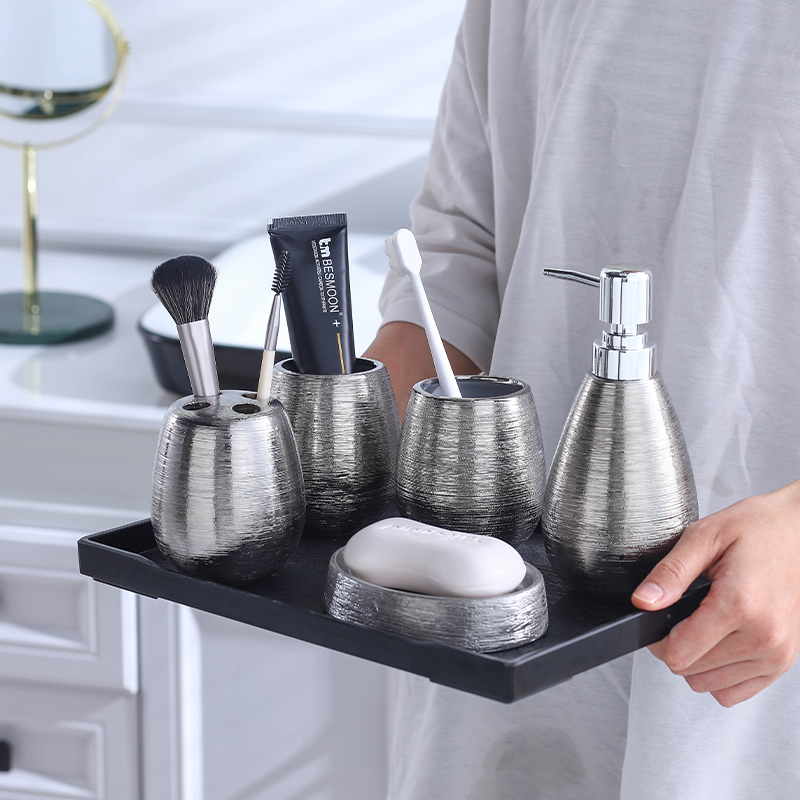 Handmade Vintage Brushed Ceramic Bathroom Five-piece Set provides an elegant and functional bathroom solution with a uni