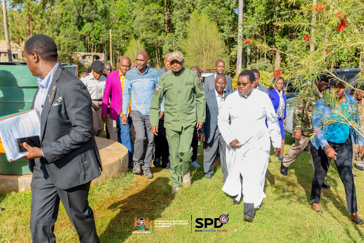 Public service CS Moses Kuria arrives in Nyamira county for the NYS and Vocational Training Centres Mashinani programme tour on March 22, 2024.