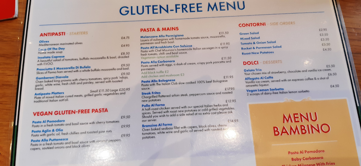 The Italian Club gluten-free menu