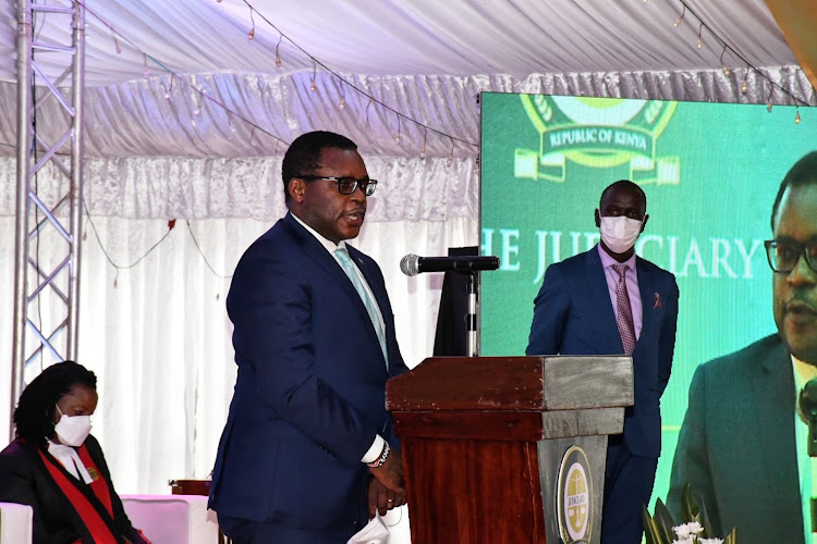 Senate Speaker Kenneth Lusaka making his remarks during the ceremony at the Supreme Court of Kenya on Mondsay.