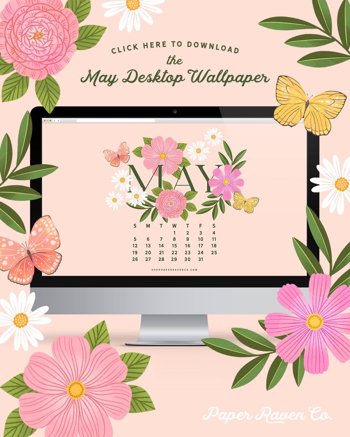 May 2024 Illustrated Desktop Wallpaper by Paper Raven Co. #dressyourtech #desktopwallpaper