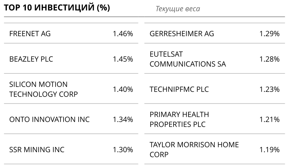 Таблица главный позиций по акциям в составе БПИФ «ДОХОДЪ Глобальные акции малой капитализации»